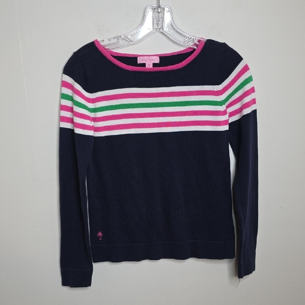 Lilly Pulitzer Navy Sweater with Pink and Green Stripes Sz XL 12-14